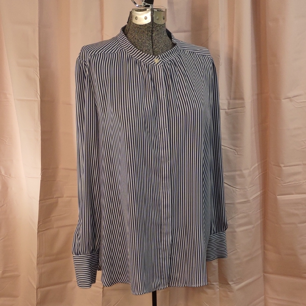 LOFT Navy and White Striped Women's Blouse With Band Collar